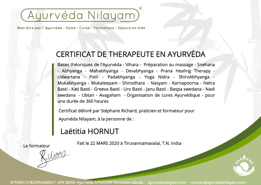 photo diplome Jayaprada Ayurveda & Spa - Laëtitia Hornut