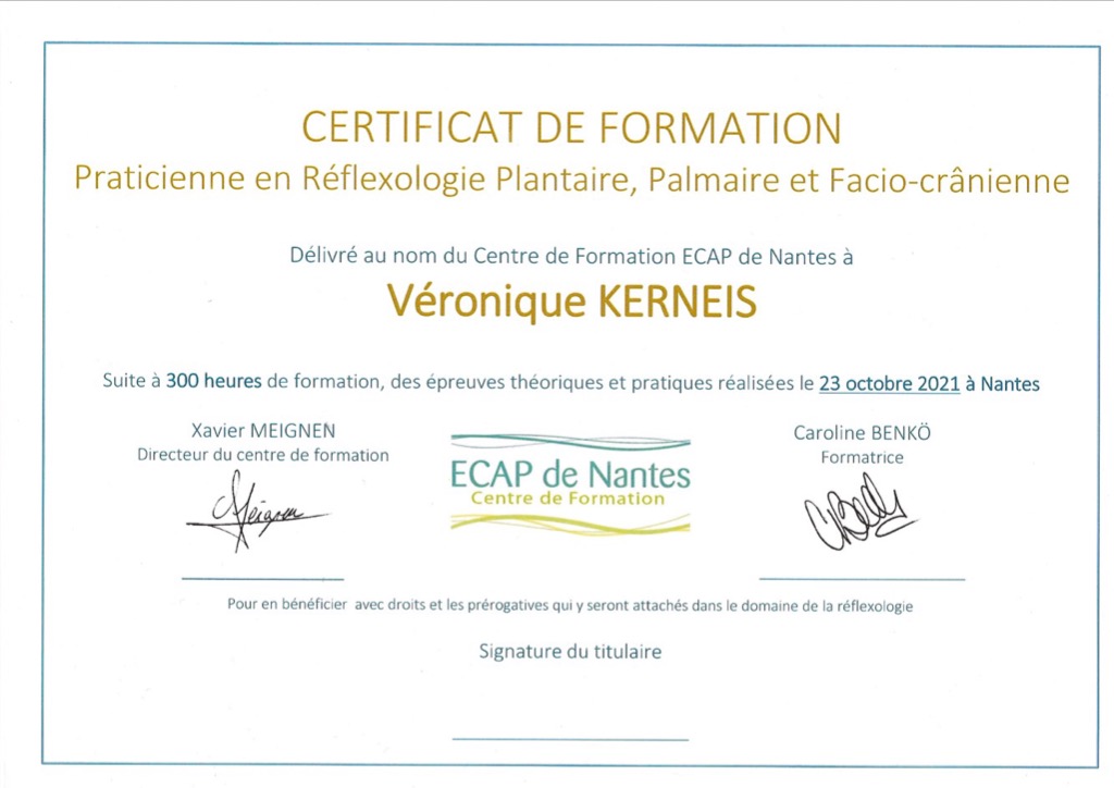 photo diplome Véronique KERNEIS Réflexologue 