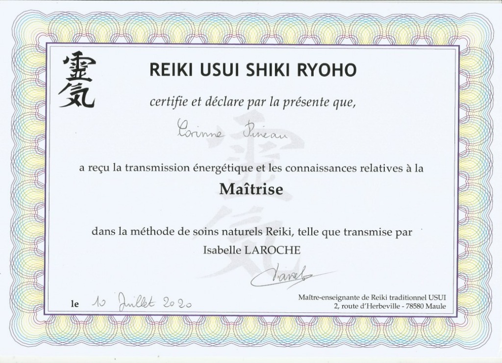 photo diplome Corinne Pineau Praticienne en soins énergétiques