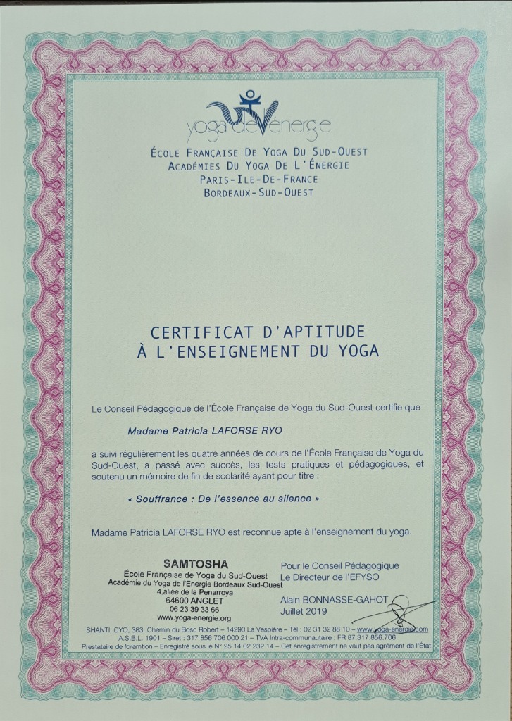 photo diplome Yoga Shakti