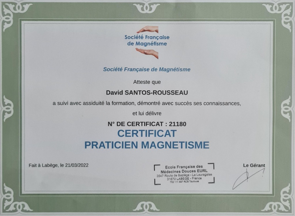 photo diplome David Santos Praticien Magnétiseur