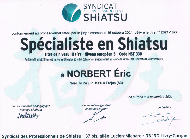 photo diplome Eric NORBERT Shiatsu