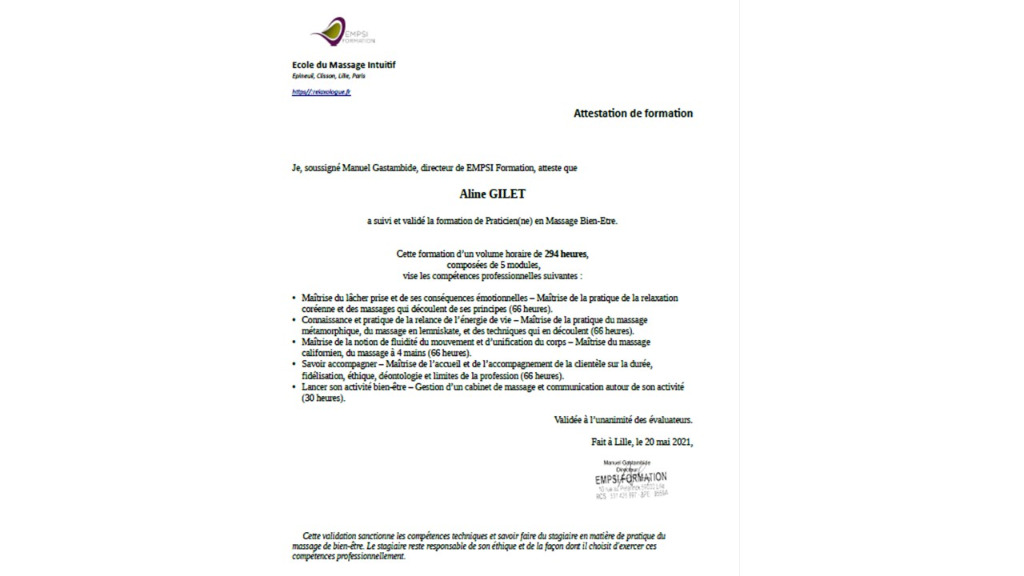 photo diplome Espace Corps à Coeur, Aline GILET