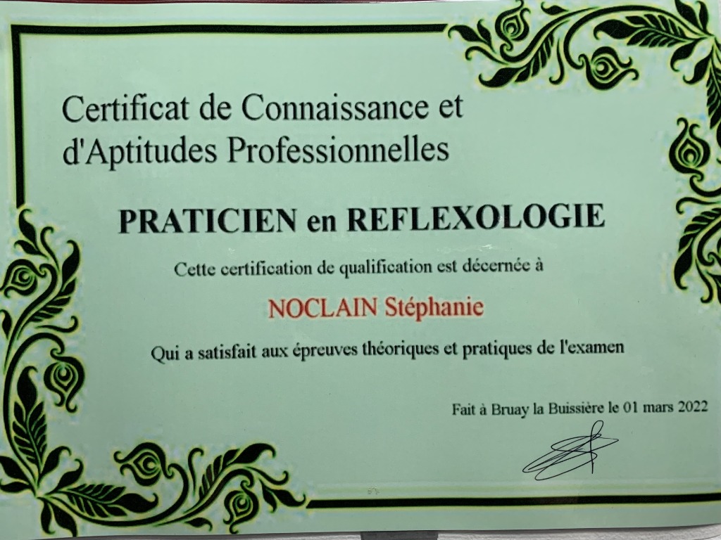 photo diplome Réflexologie plantaire - Noclain Stéphanie