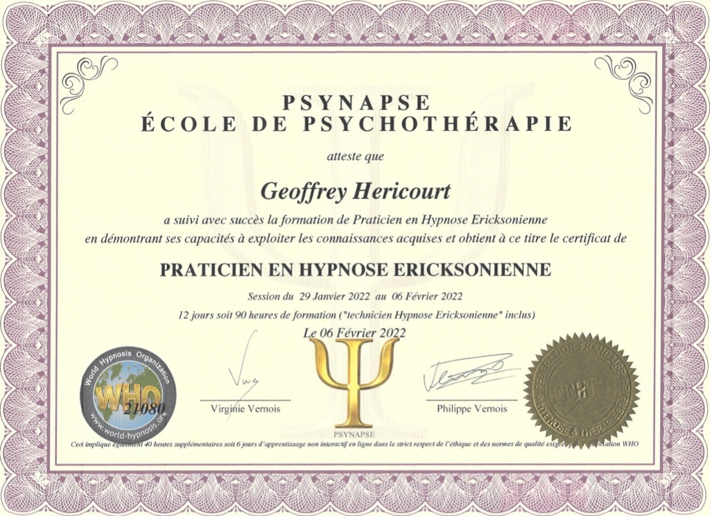 photo diplome Méditathypnose - Geoffrey HERICOURT