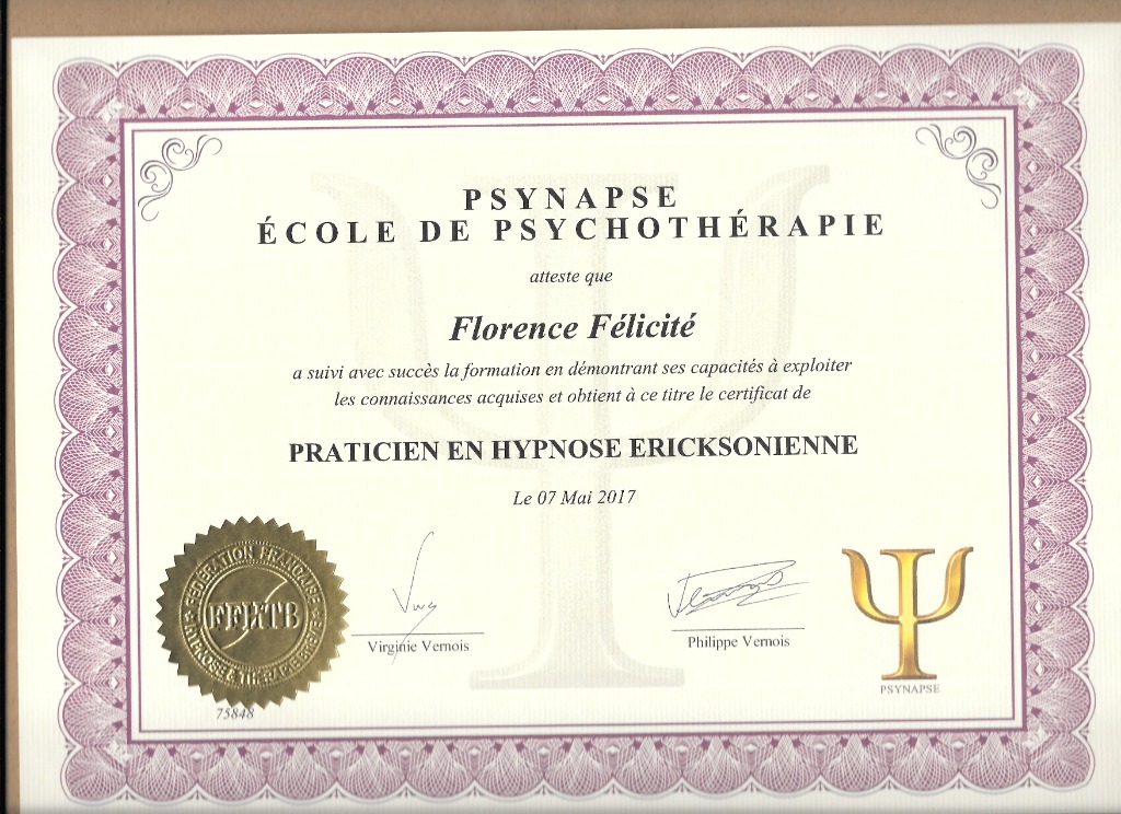 photo diplome Florence Félicité, Aloha Hypnose & Pnl 16-17