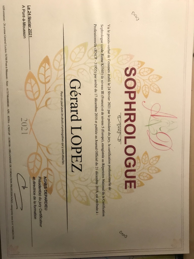 photo diplome Gérard Lopez Sophrologue