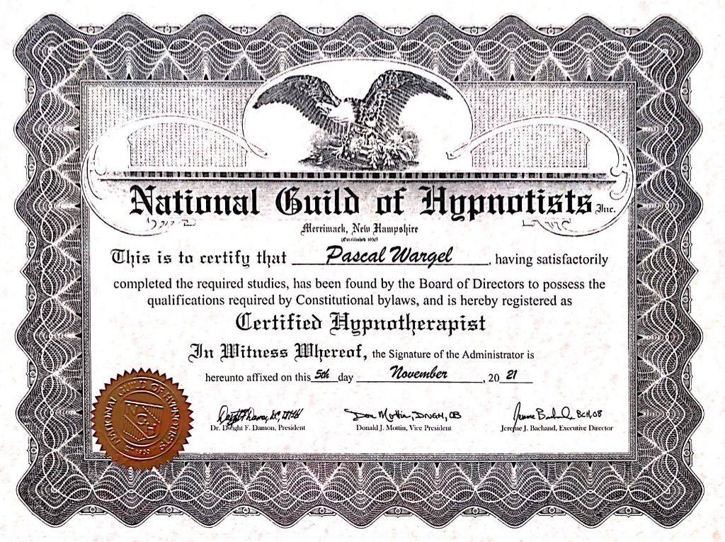 photo diplome Pascal WARGEL Hypnose & EFT