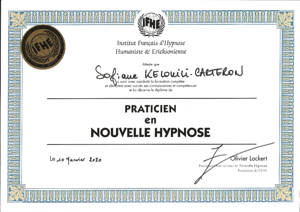 photo diplome Sofiane Carteron Hypnose