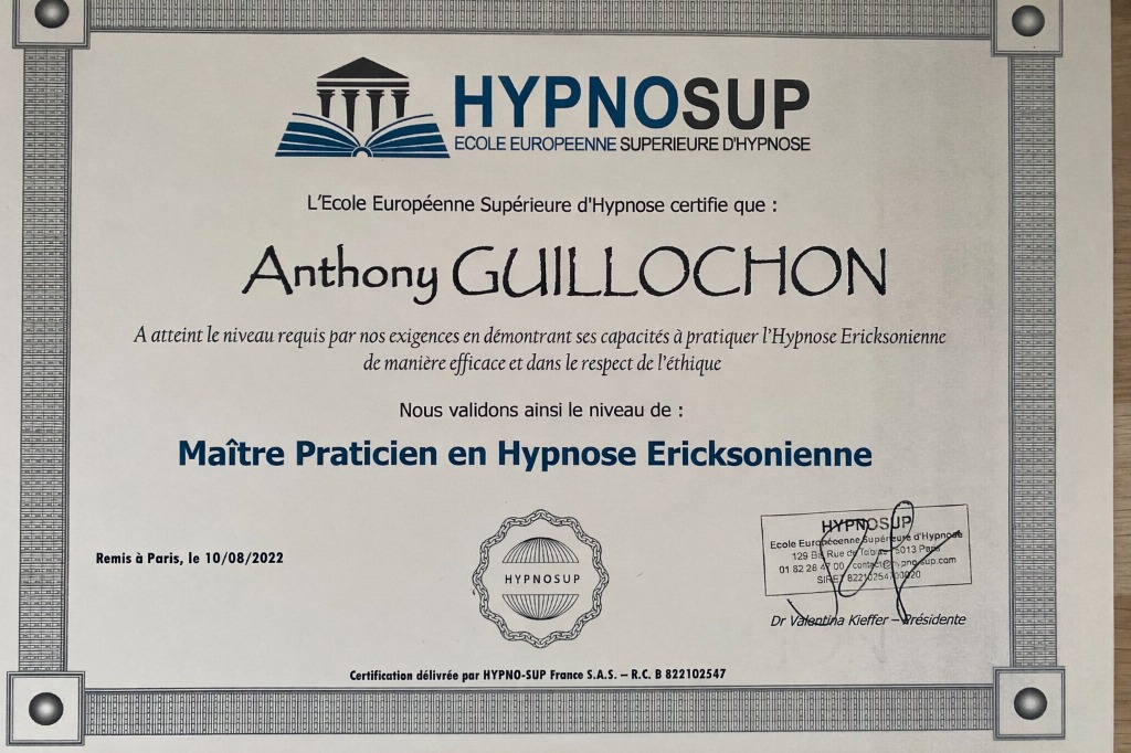 photo diplome Guillochon Anthon Anthon’Hypno-Coach