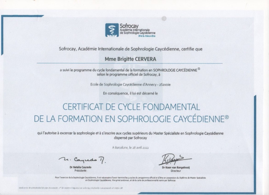 photo diplome Brigitte Cervera Sophrologue 
