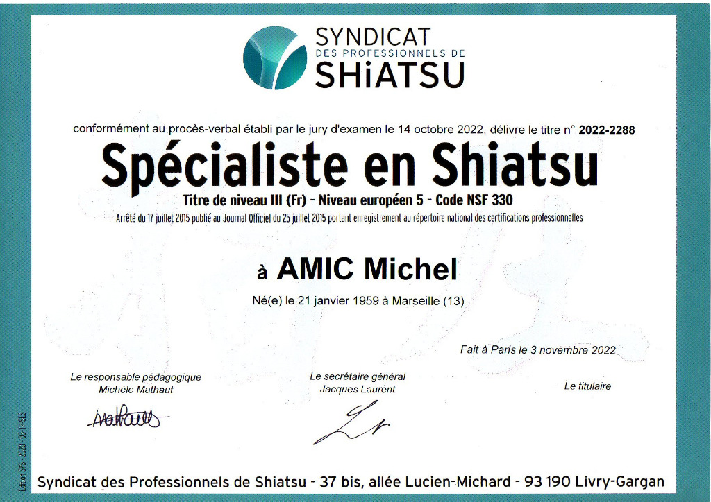photo diplome Shiatsu Bastidan