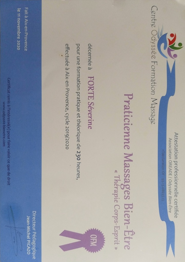 photo diplome Volute massages et bien-être