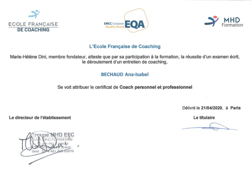 photo diplome Ana Isabel Béchaud - AiBéCoaching