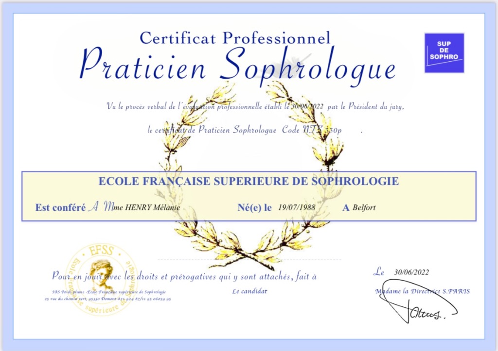 photo diplome Sophr’O2 Mélanie Henry