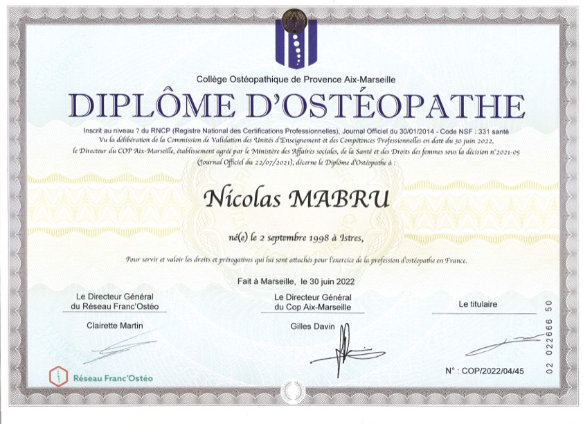 photo diplome Nicolas Mabru Ostéopathe Fos sur mer