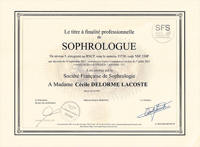photo diplome Cécile Delorme, Inspir Sophro