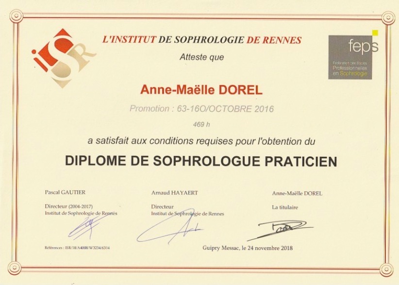 photo diplome Anne-Maëlle Dorel sophrologue