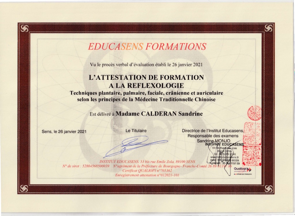 photo diplome Sandrine Calderan Réflexologue-énergéticienne