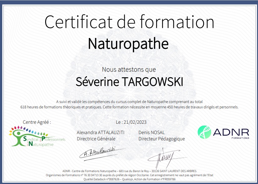 photo diplome Séverine Targowski - Ma Naturo Bien Etre