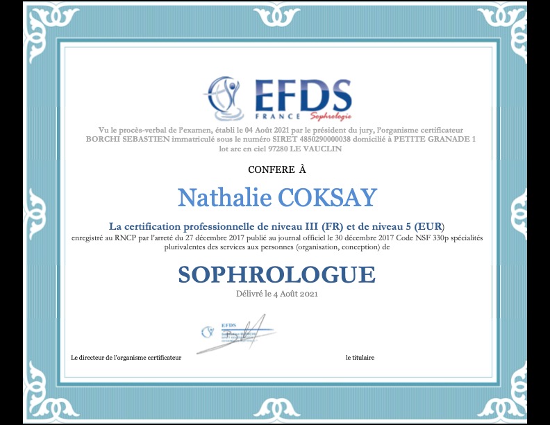 photo diplome Nathalie COKSAY Corps & Esprit