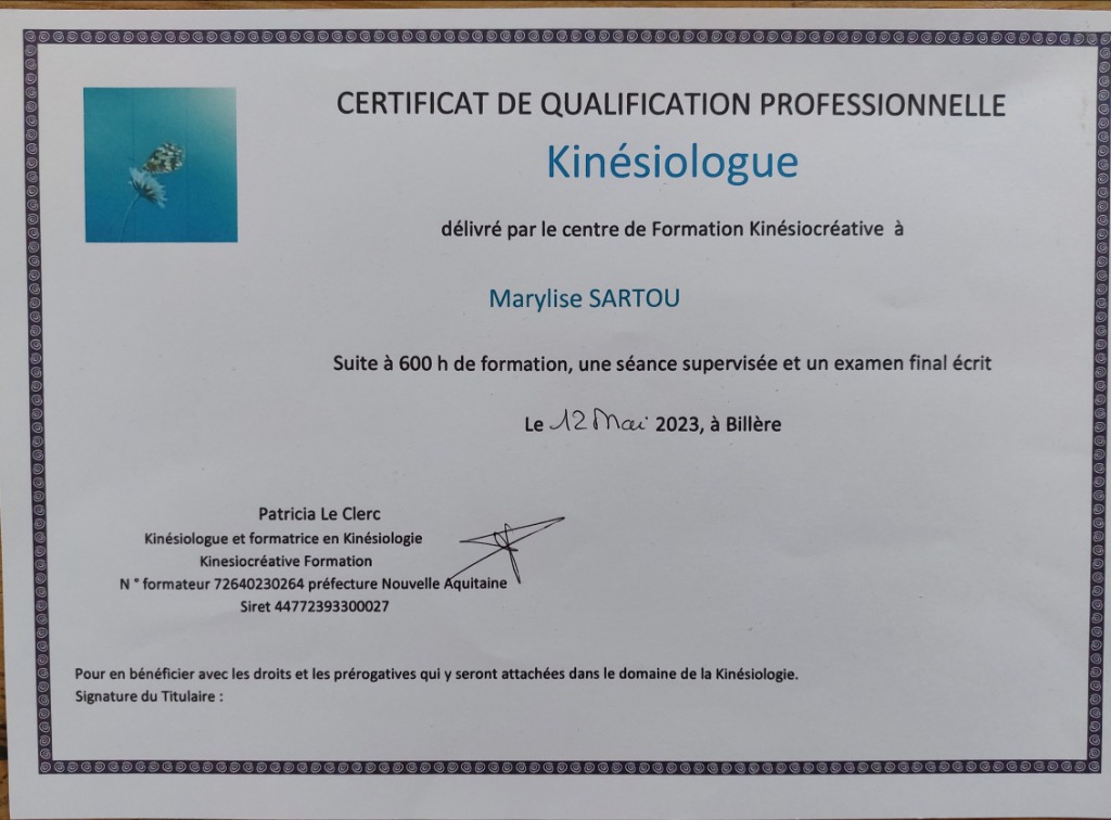 photo diplome Kinésiologue Marylise Sartou