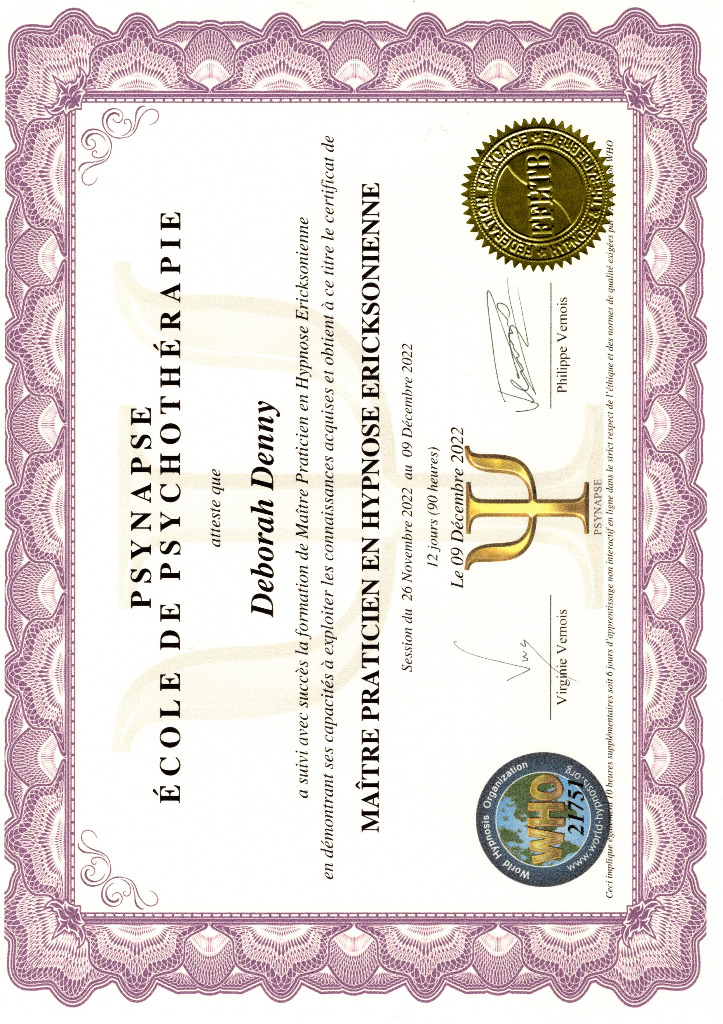 photo diplome Deborah Denny - Hypnothérapeute