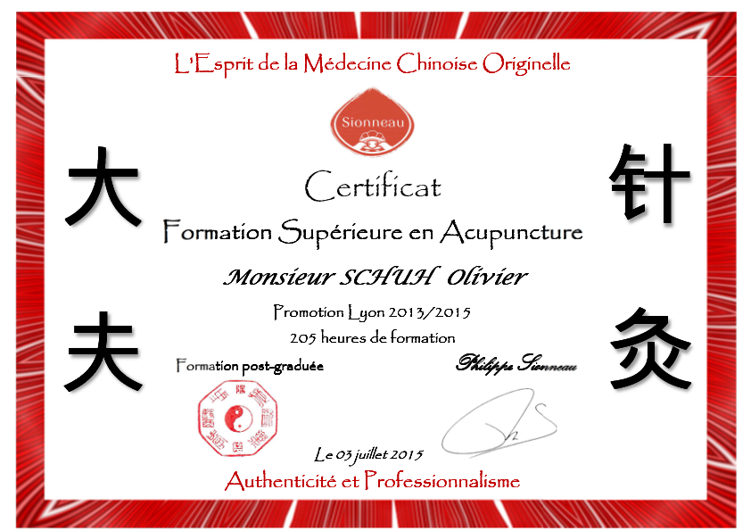 photo diplome Olivier Schuh Medecine chinoise Lyon 4
