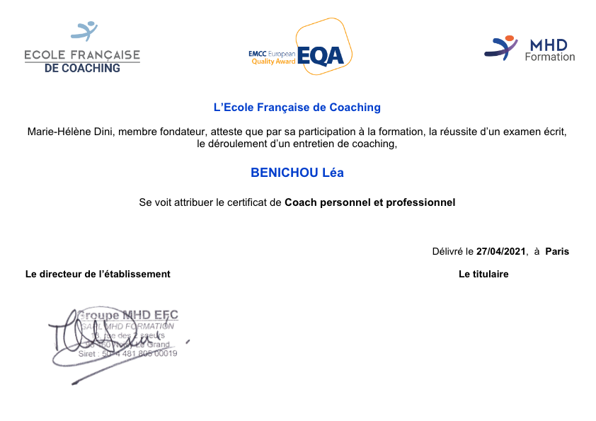 photo diplome Lea Benichou - LBM Coaching