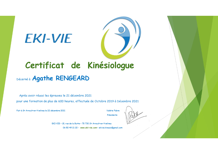 photo diplome Agathe RENGEARD - Kinésiologue Certifiée certifiée