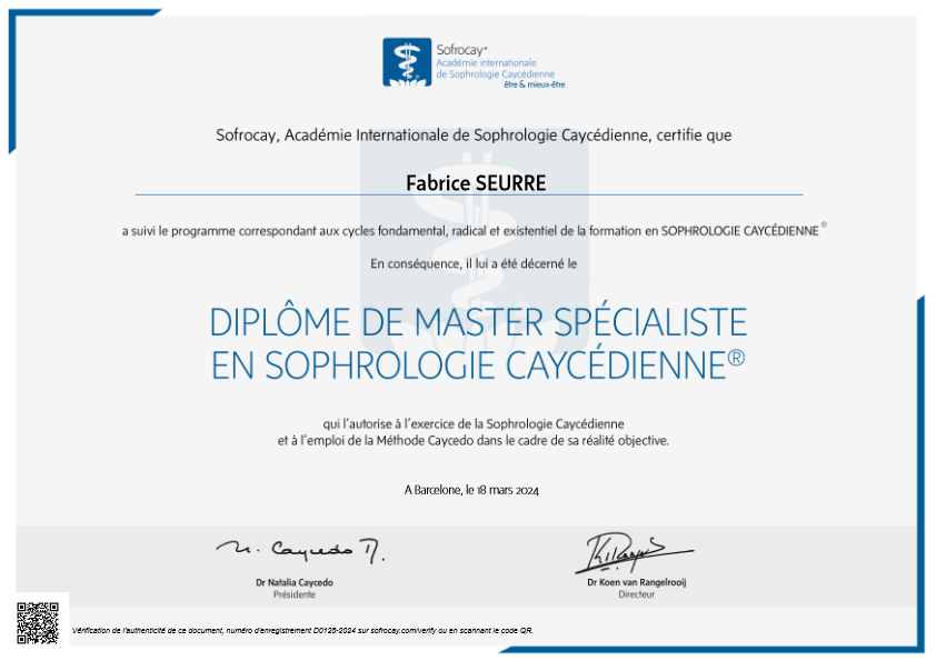 photo diplome Fabrice SEURRE sophrologue Caycédien