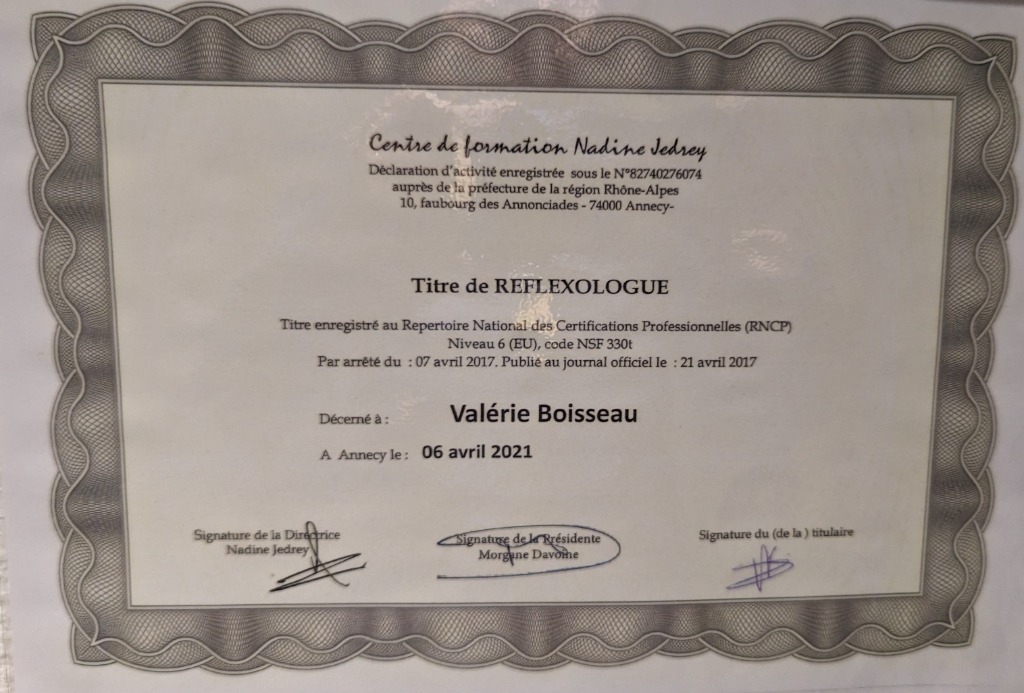 photo diplome Valérie BALIVET, réflexologue certifiée RNCP