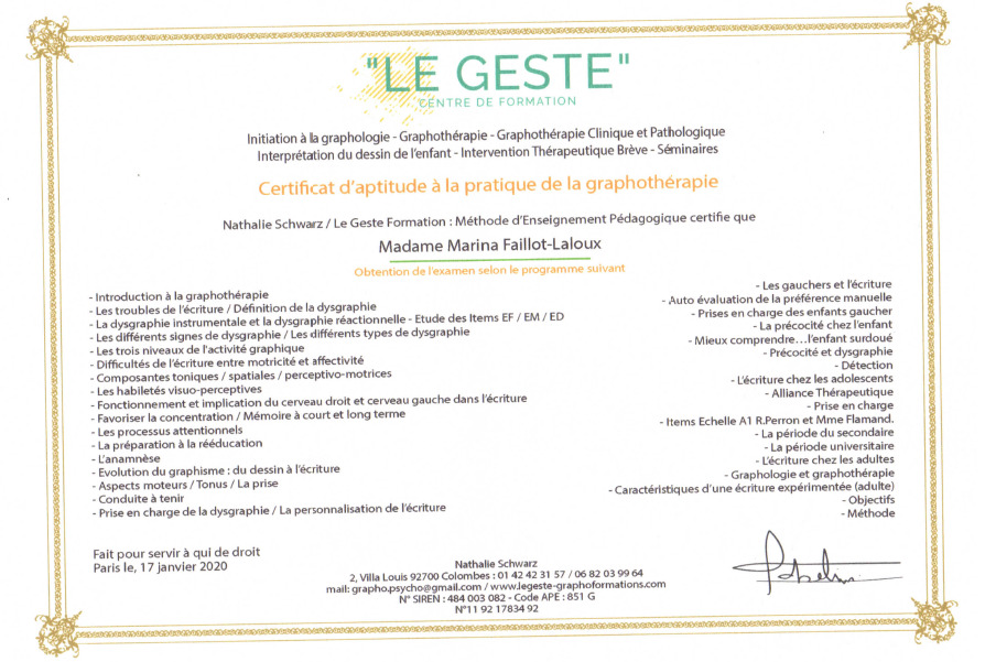 photo diplome Marina FAILLIOT-LALOUX