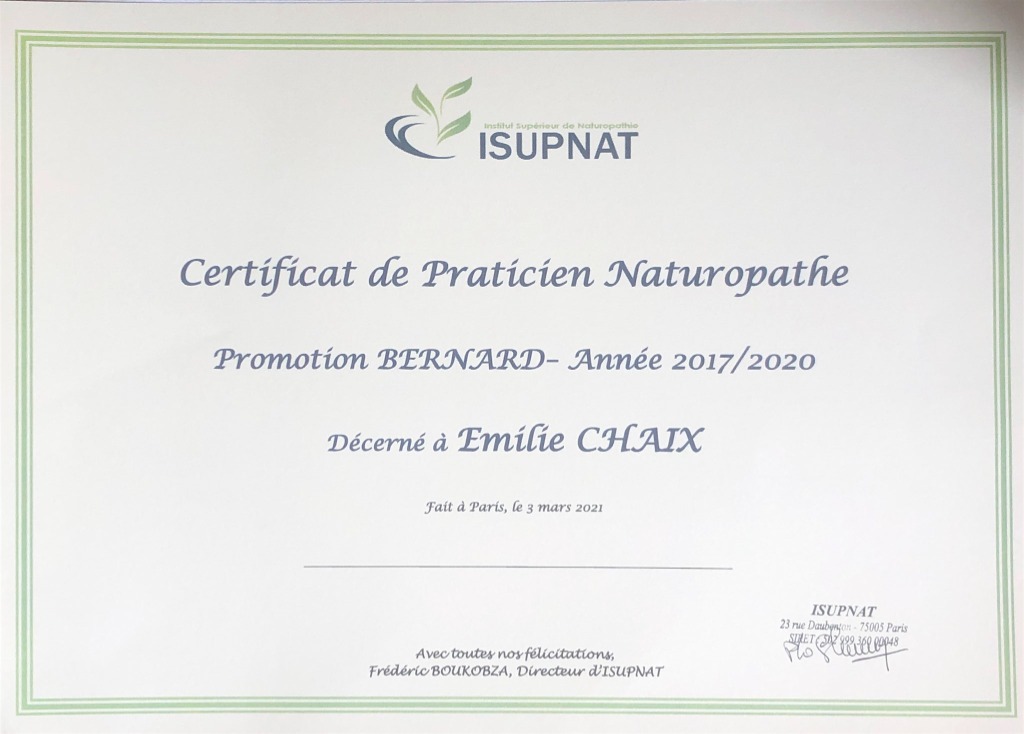 photo diplome Emilie Chaix NATUROPATHE & SOPHROLOGUE