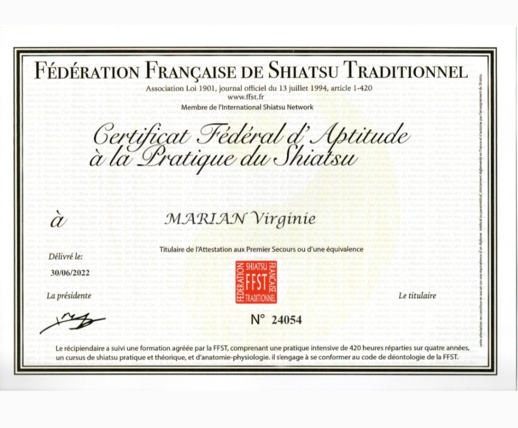 photo diplome Matsuba Zen Shiatsu