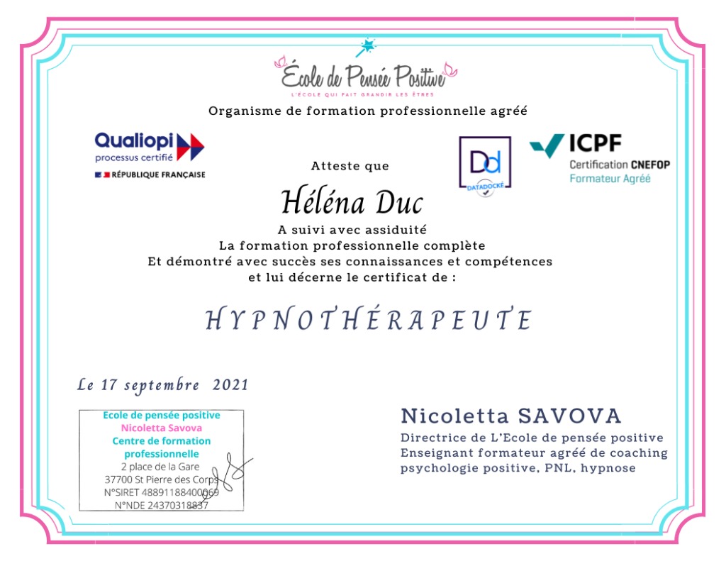 photo diplome Serenity inside - Héléna DUC