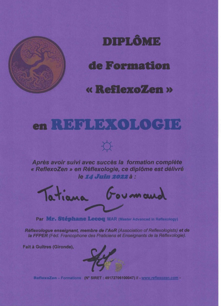 photo diplome Tatiana Goumaud, Réflexologie, Thérapie brève