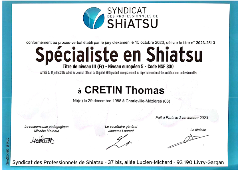 photo diplome Thomas Cretin Shiatsu
