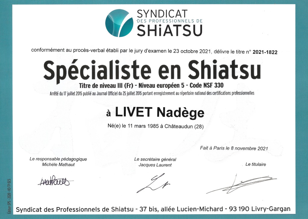photo diplome Shiatsu Sabaila’i