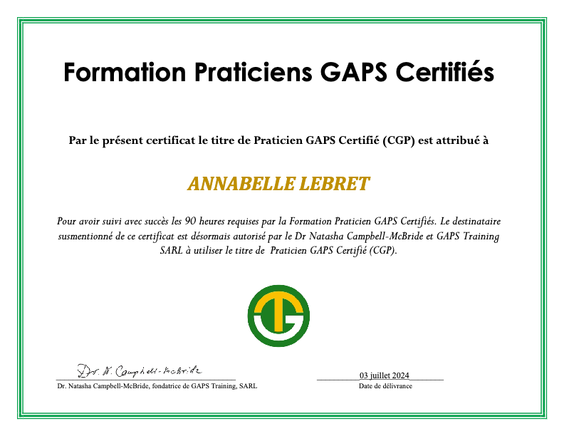 photo diplome Annabelle Lebret II Nutrition, GAPS & Yoga