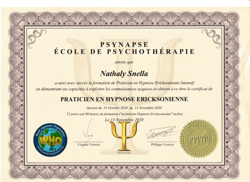 photo diplome Balagne Hypnose & Coaching Nathaly SNELLA