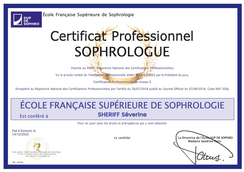 photo diplome Séverine Sheriff - Cabinet Tanama