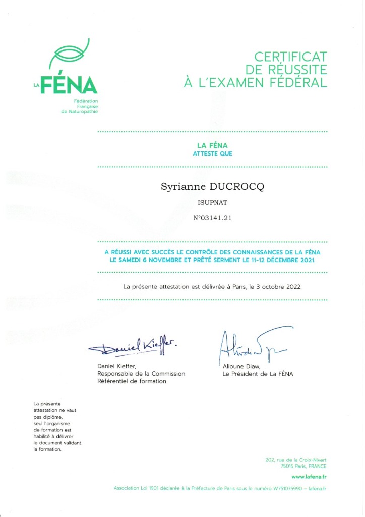 photo diplome Syrianne DUCROCQ Naturopathe - Asperger