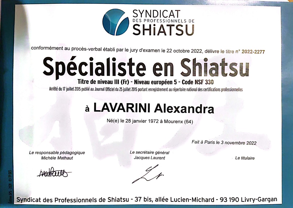 photo diplome Kyokan Shiatsu