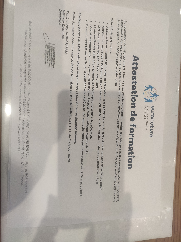 photo diplome Ketty Labadie, NaturoTraveller