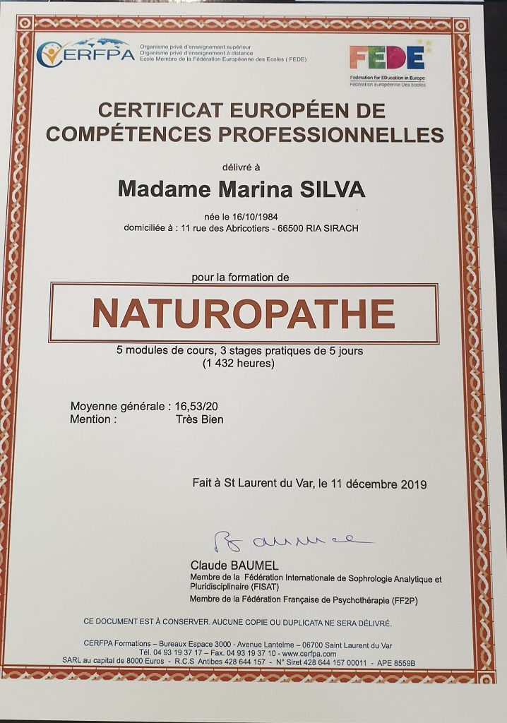 photo diplome SILVA MARINA NATUROPATHE