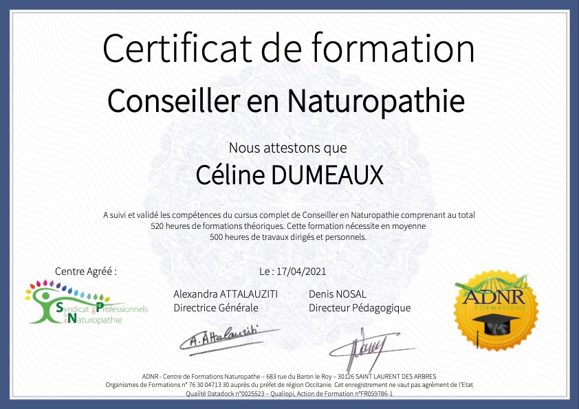 photo diplome Céline Dumeaux - NATURALOREA