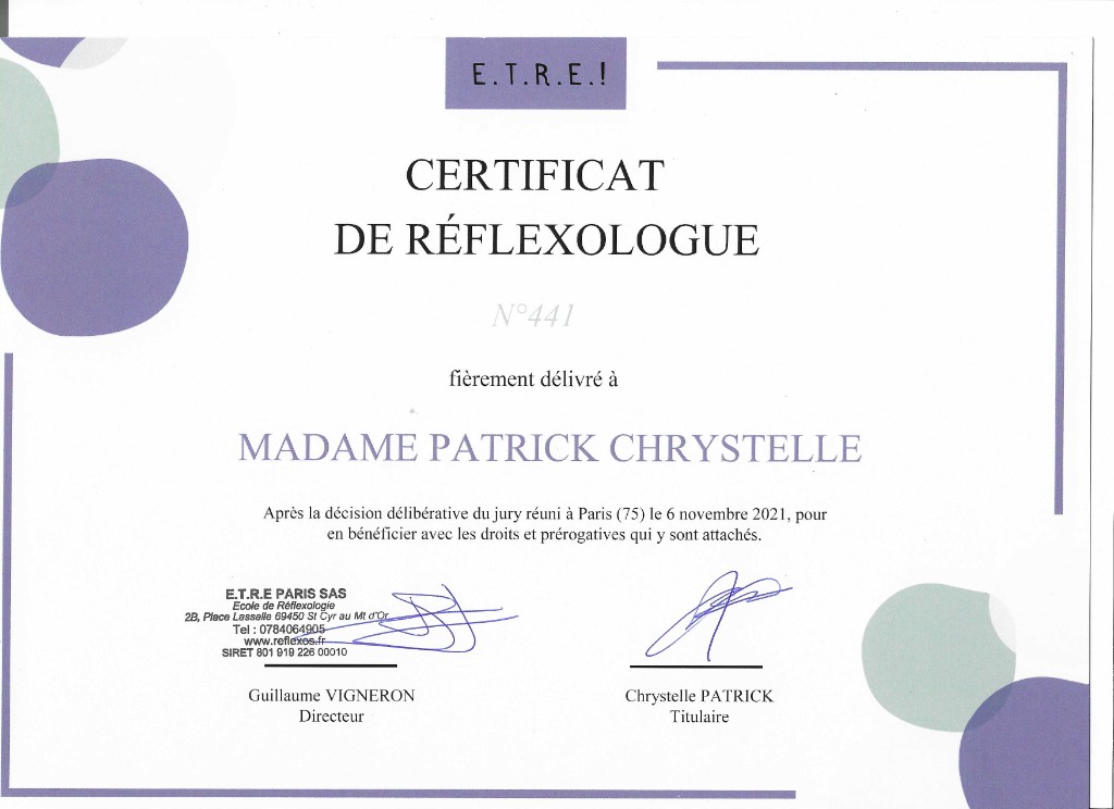 photo diplome RéflexO bien-être (Chrystelle PATRICK)