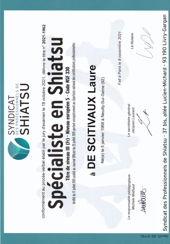 photo diplome Laure de scitivaux - Oshiatsu