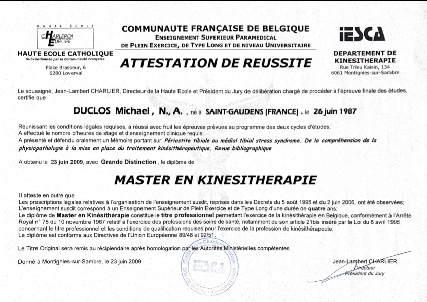 photo diplome Team One Physio